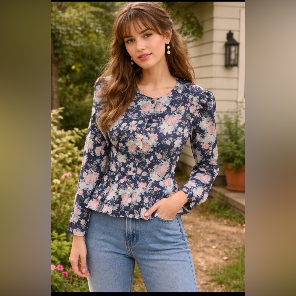 Vintage Blake Elizabeth Floral Peplum Blouse Sz 8 Cottagecore Romantic Feminine